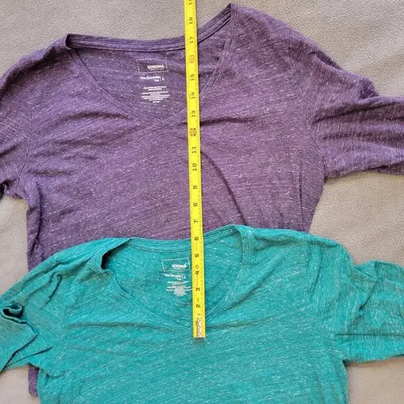 KOHLS SONOMA Shirt Womens Large Vneck Long Sleeve Green Purple Curved Hem 2PC - Picture 10 of 13